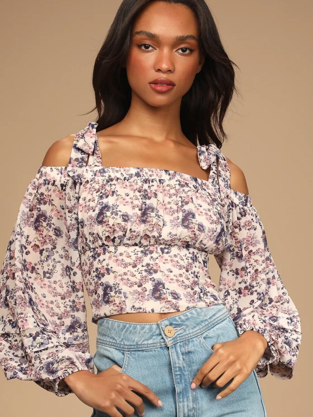 Lulu's Blooming Brilliantly Cream Floral Ruffle Top Size M NWT